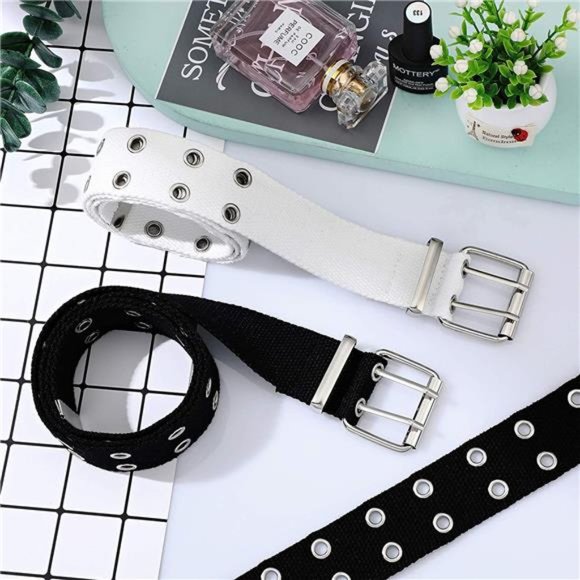 Geyoga 2 Pieces Double Grommet Canvas Belts Two-Hole Vintage Buckle Punk Belts